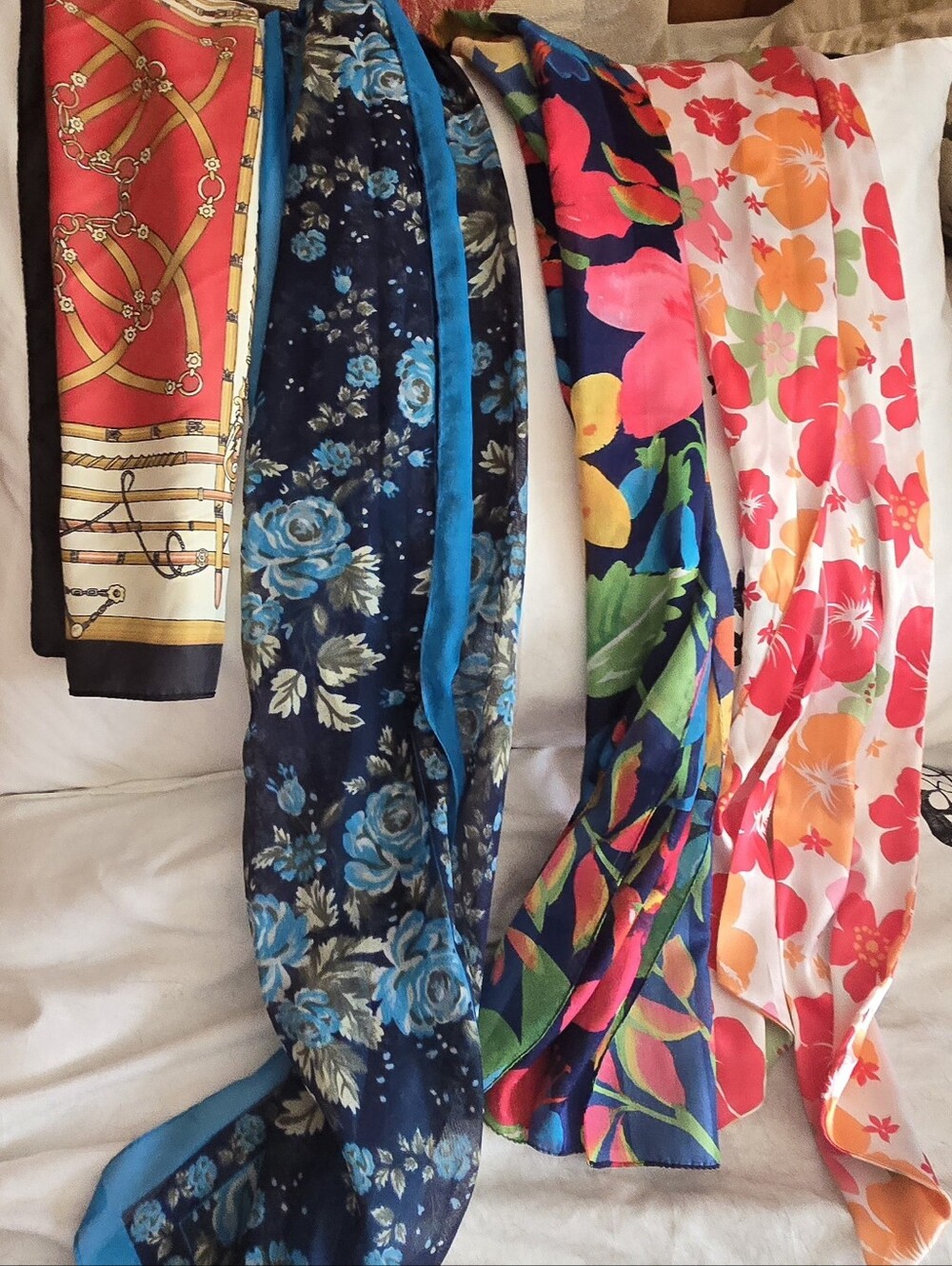 4 Colorful Floral and Print Scarf Bundle - Blue, Pink, Coral, Red